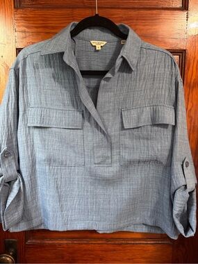 Max Studio Blue Chambray Textured Utility Shirt – Small